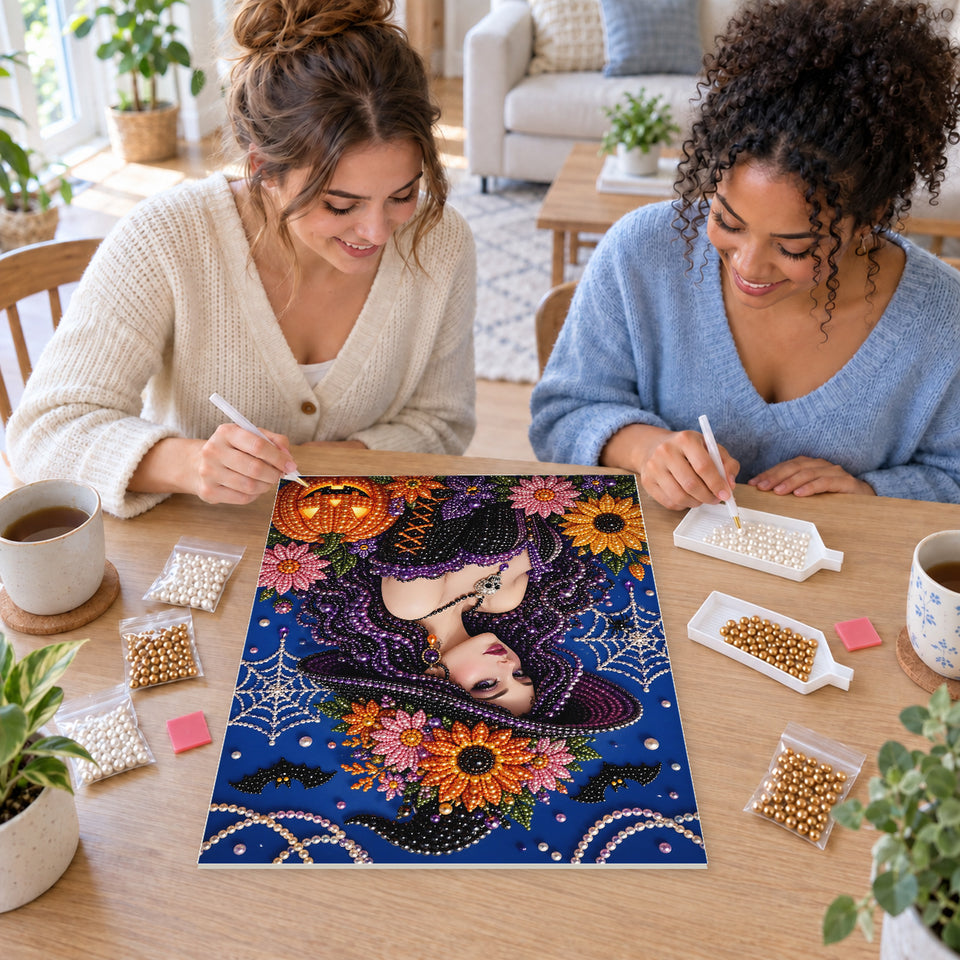 Two friends creating one shared Pearl artwork — Purple-Haired Witch among Autumn Flowers. Pearl diamond painting DIY kit by Isuvio.