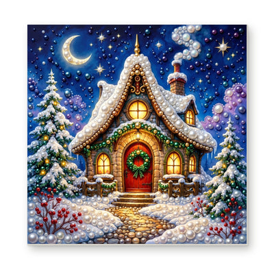 Straight dimensional white-background mockup of the complete artwork — Snowy Christmas Cottage beneath a Crescent Moon. Pearl diamond painting DIY kit by Isuvio.