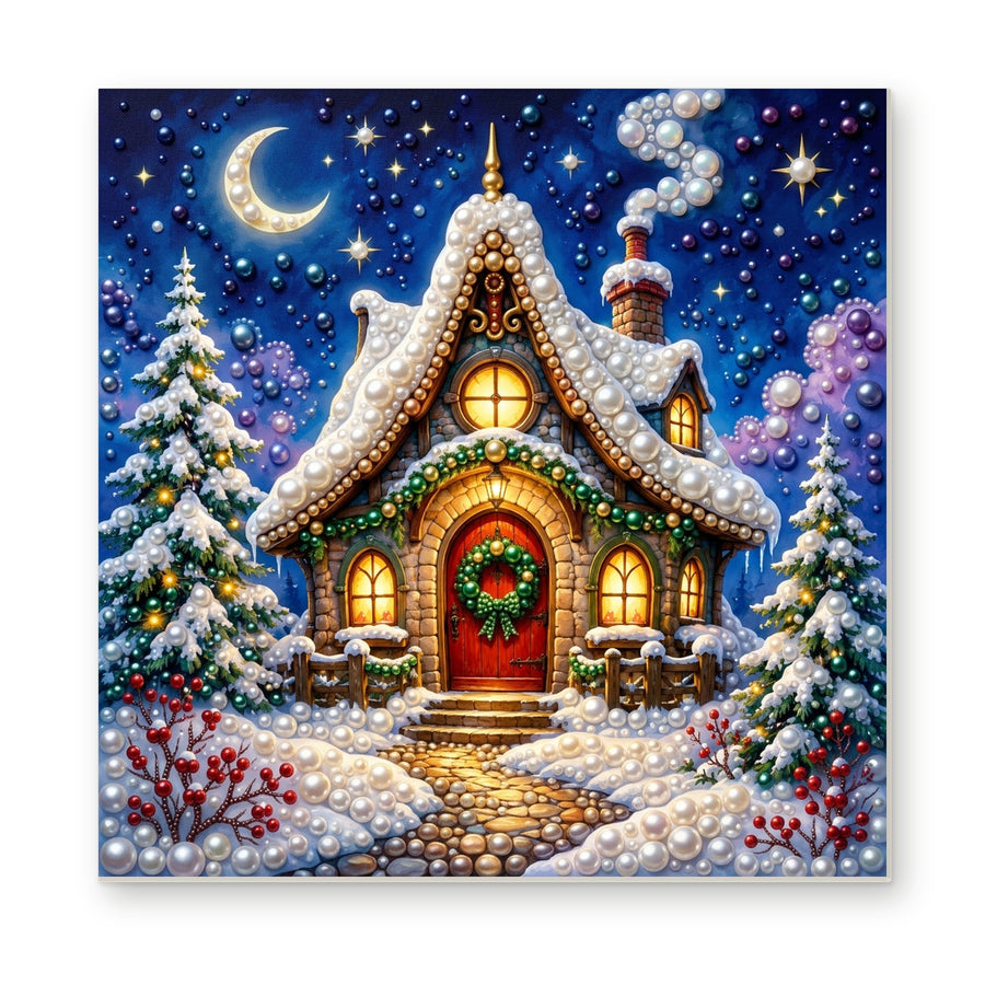 Straight dimensional white-background mockup of the complete artwork — Snowy Christmas Cottage beneath a Crescent Moon. Pearl diamond painting DIY kit by Isuvio.