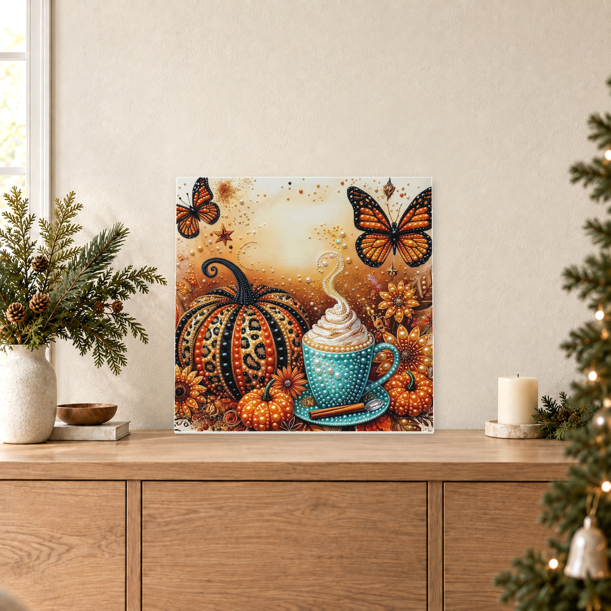 Citrouille d’automne avec tasse bleu-vert et papillons