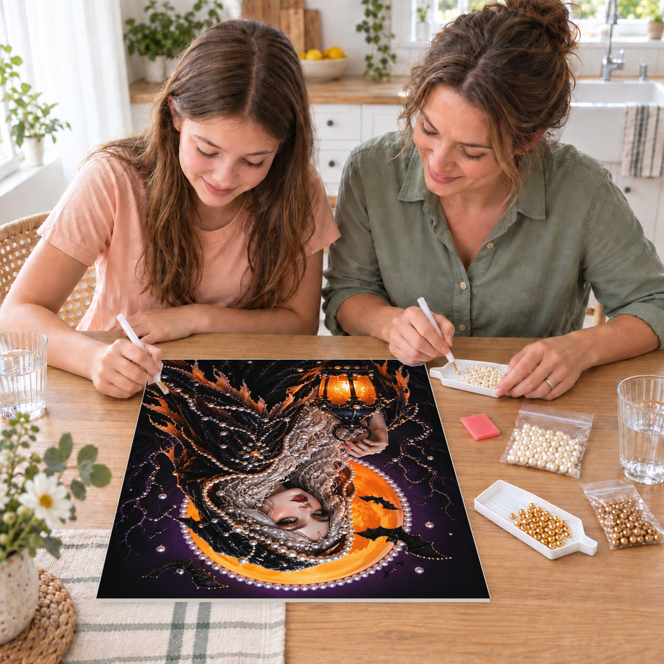 Mother and daughter creating one shared Pearl artwork — Silver-Haired Enchantress with a Lantern. Pearl diamond painting DIY kit by Isuvio.