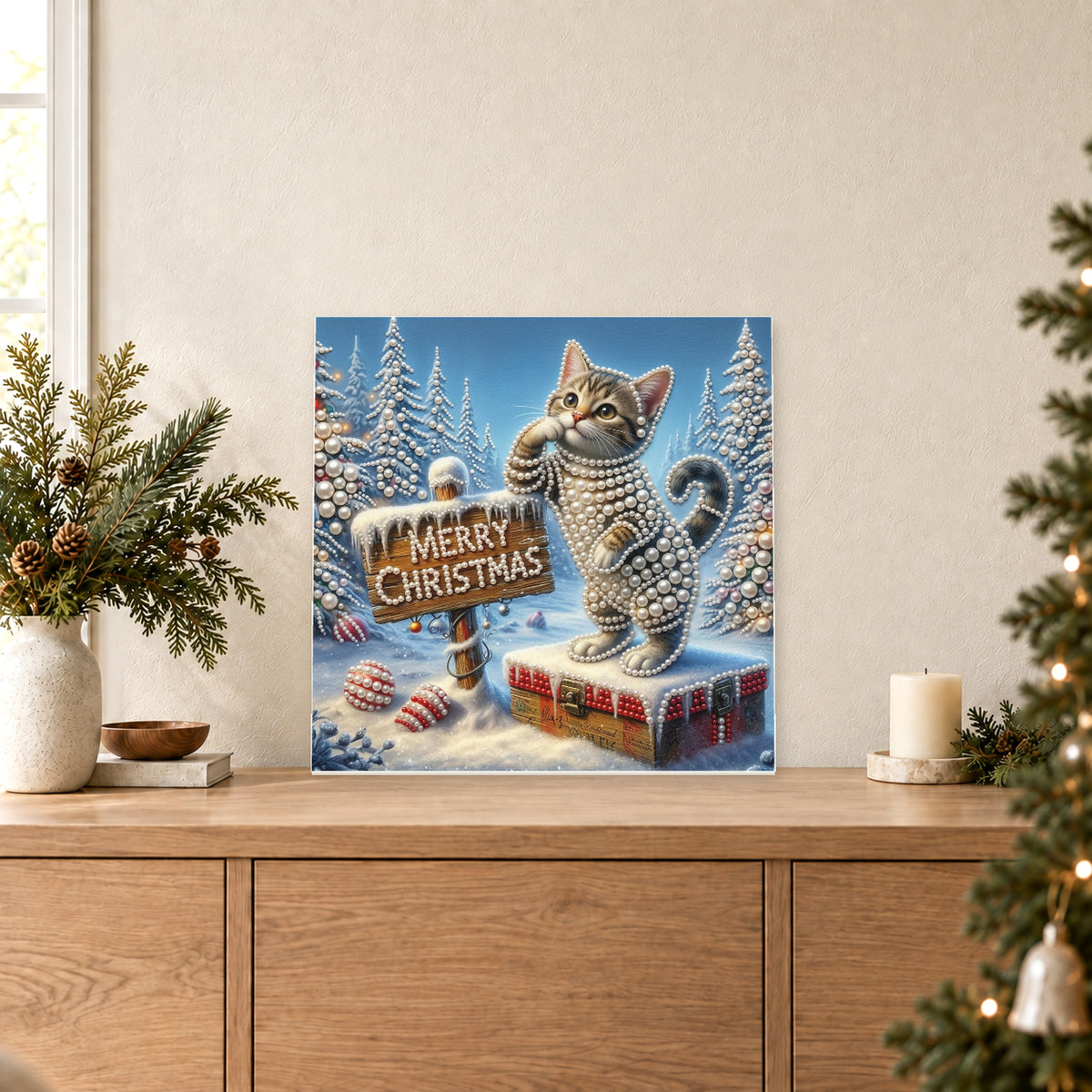 Gatito navideño sobre una caja de regalo
