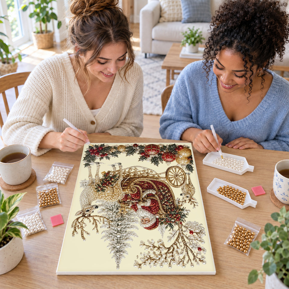 Two friends creating one shared Pearl artwork — Pearl Santa Sleigh with Reindeer. Pearl diamond painting DIY kit by Isuvio.