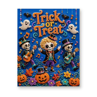 Straight dimensional white-background mockup of the complete artwork — Trick or Treat Skeleton Music Trio. Pearl diamond painting DIY kit by Isuvio.