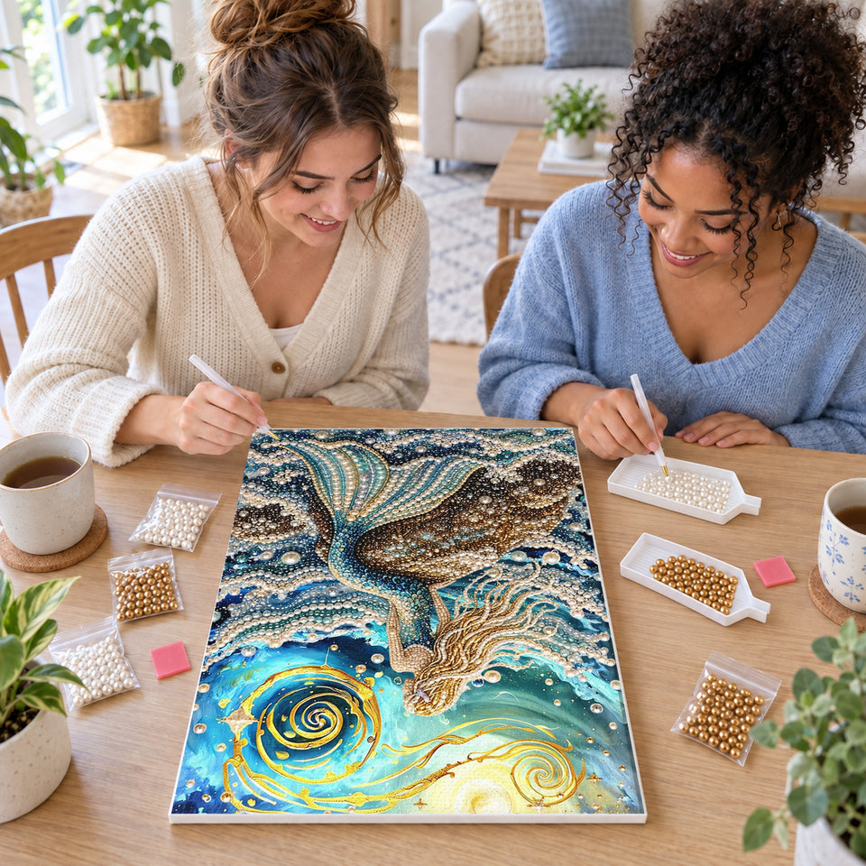 Two friends creating one shared Pearl artwork — Mermaid Under the Golden Moon. Pearl diamond painting DIY kit by Isuvio.