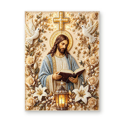 Straight dimensional white-background mockup of the complete artwork — Jesus Reading with Doves and White Lilies. Pearl diamond painting DIY kit by Isuvio.
