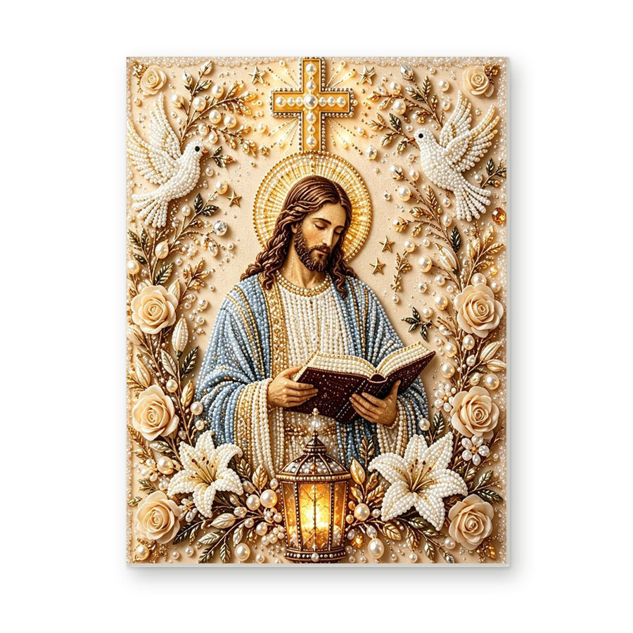Straight dimensional white-background mockup of the complete artwork — Jesus Reading with Doves and White Lilies. Pearl diamond painting DIY kit by Isuvio.
