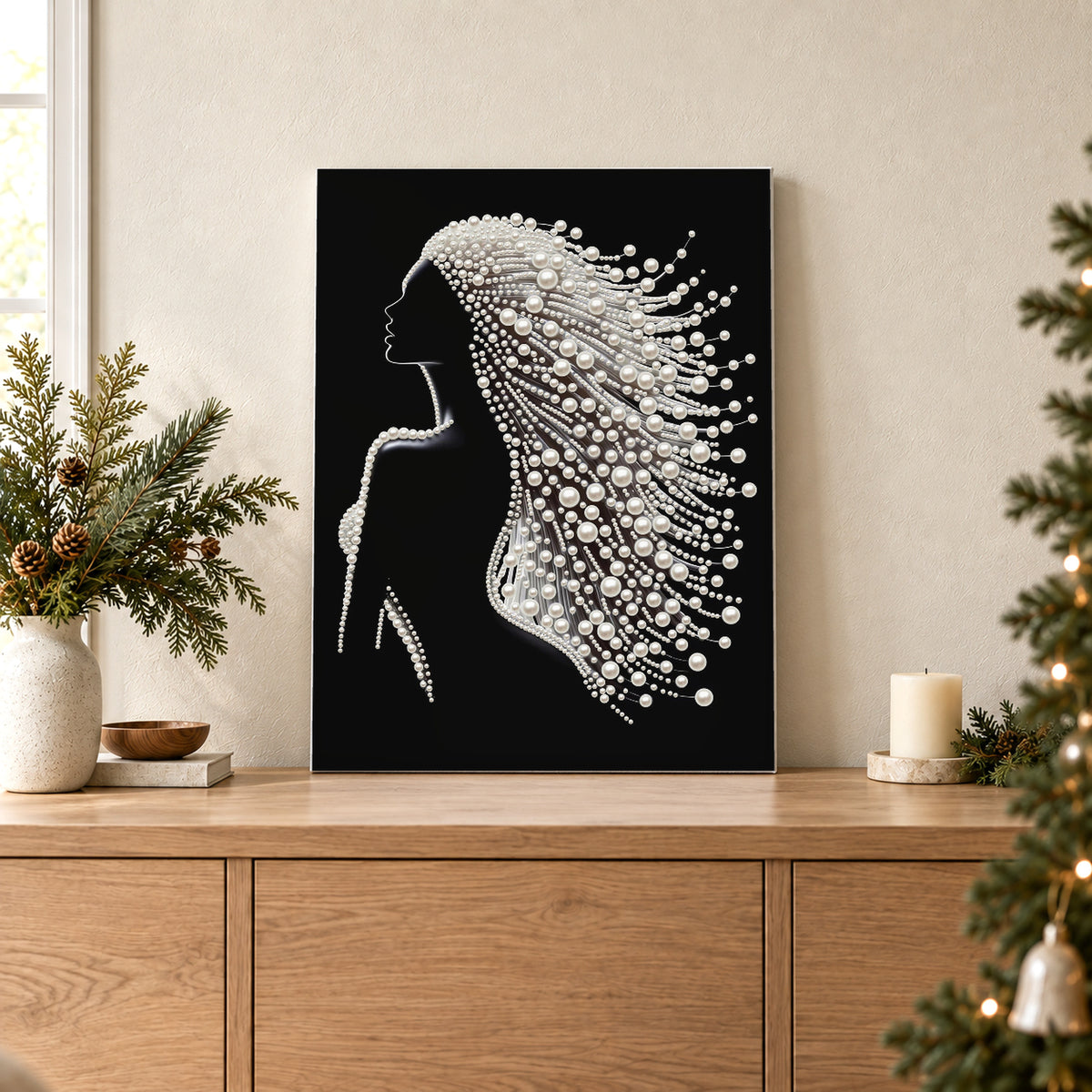 Mujer de perfil con cabello blanco fluido como perlas