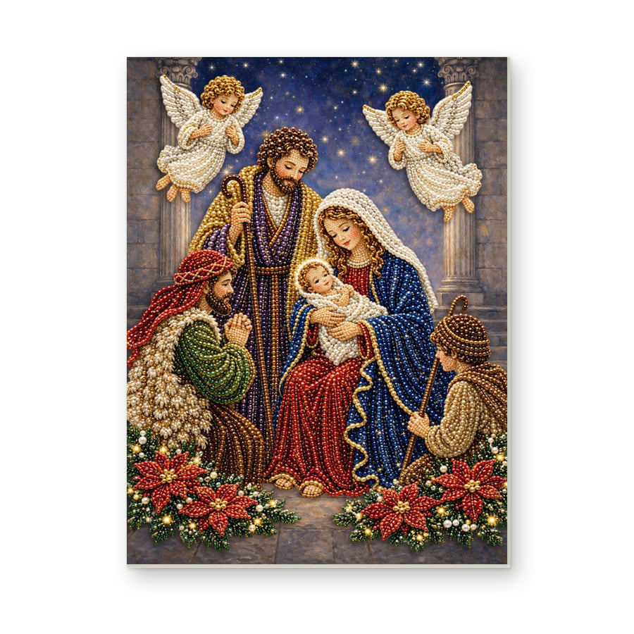 Straight dimensional white-background mockup of the complete artwork — Nativity with Shepherds and Two Angels. Pearl diamond painting DIY kit by Isuvio.