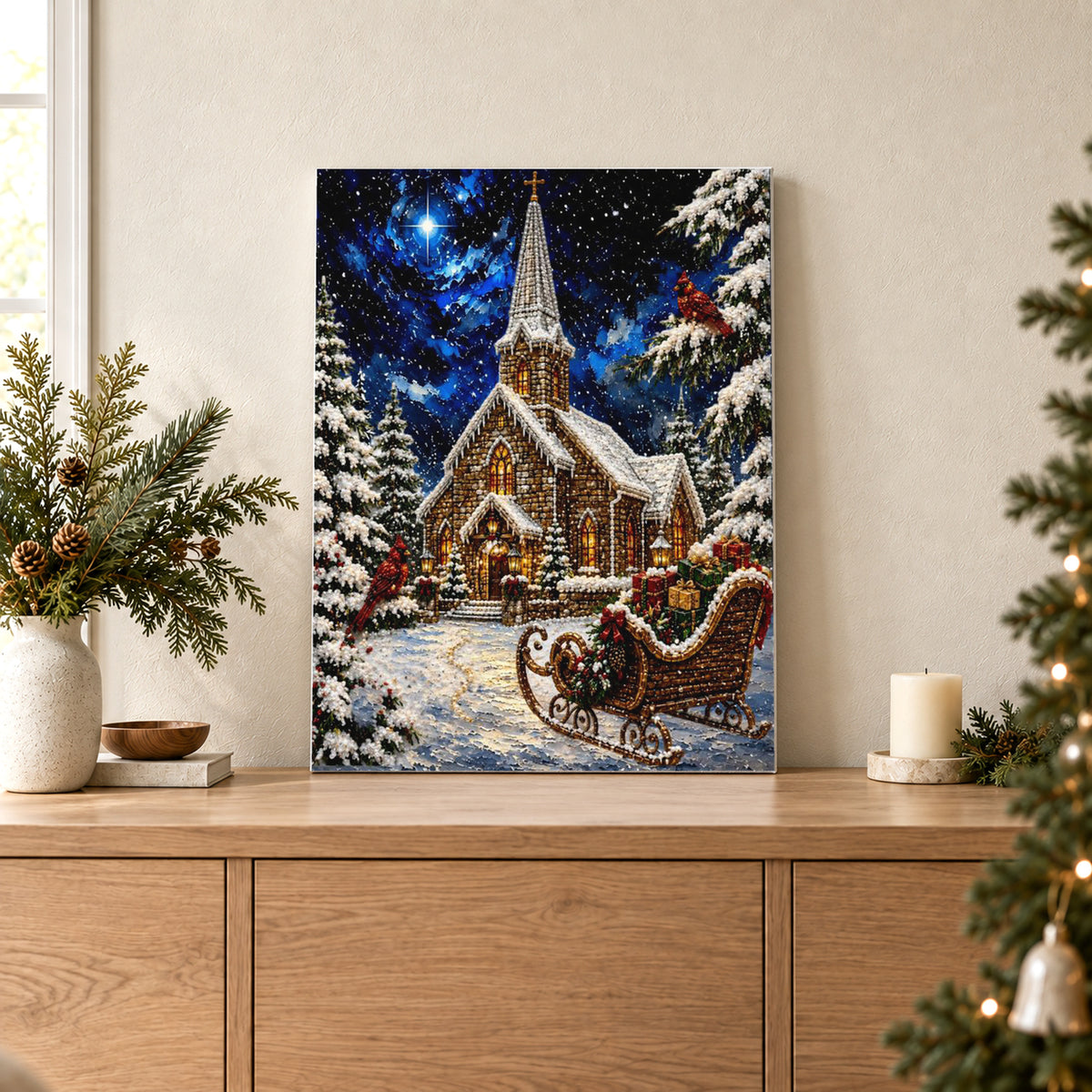 Chiesa di Natale sotto le stelle e slitta