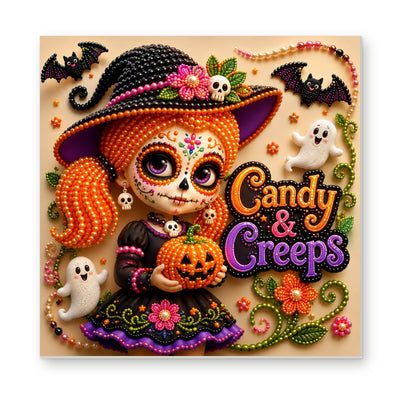 Straight dimensional white-background mockup of the complete artwork — Candy and Creeps Little Witch. Pearl diamond painting DIY kit by Isuvio.