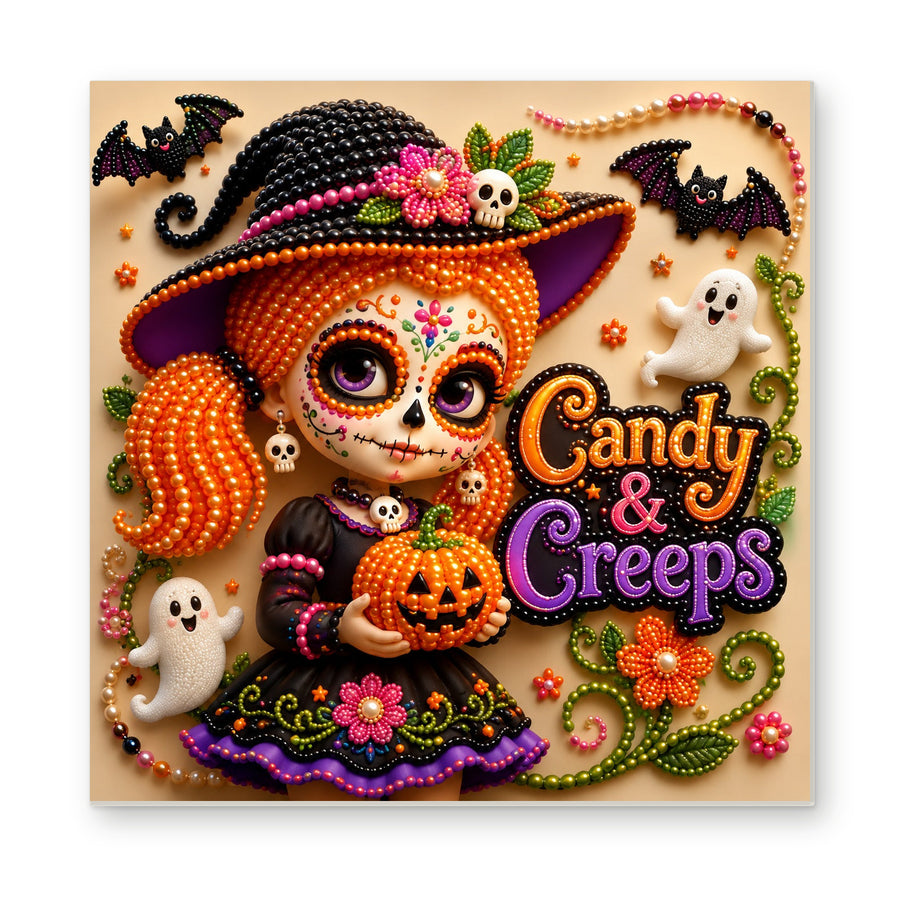 Straight dimensional white-background mockup of the complete artwork — Candy and Creeps Little Witch. Pearl diamond painting DIY kit by Isuvio.