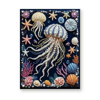 Straight dimensional white-background mockup of the complete artwork — Pearl Jellyfish with Colorful Coral and Seashells. Pearl diamond painting DIY kit by Isuvio.