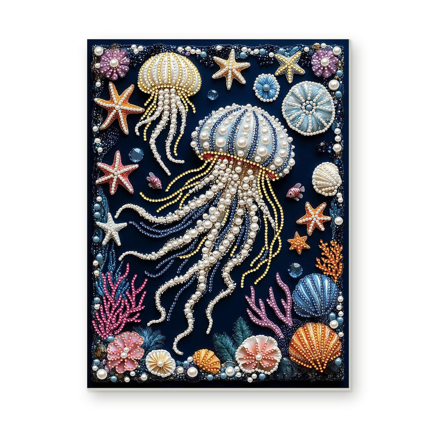 Straight dimensional white-background mockup of the complete artwork — Pearl Jellyfish with Colorful Coral and Seashells. Pearl diamond painting DIY kit by Isuvio.