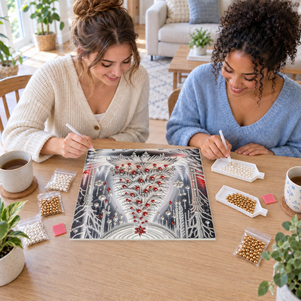 Two friends creating one shared Pearl artwork — Pearl Christmas Tree among White Birches. Pearl diamond painting DIY kit by Isuvio.