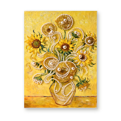 Straight dimensional white-background mockup of the complete artwork — Golden Sunflowers in a Pearl-Trimmed Vase. Pearl diamond painting DIY kit by Isuvio.