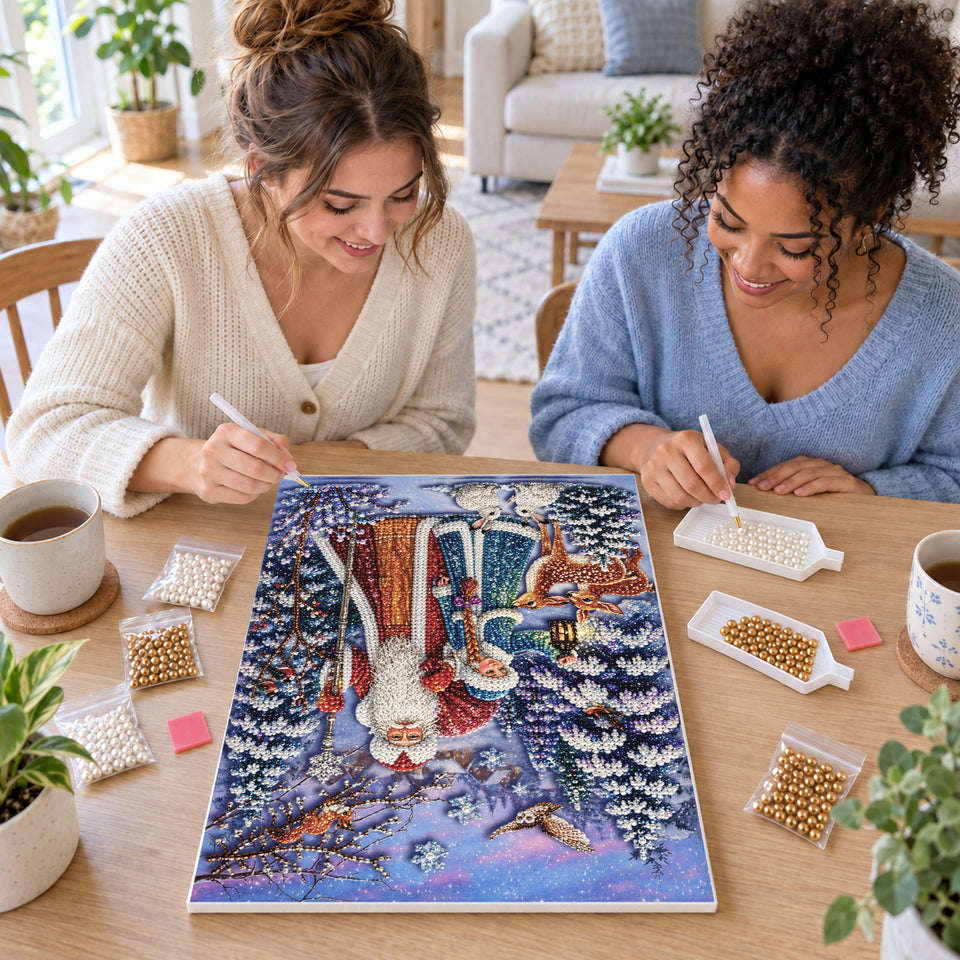 Two friends creating one shared Pearl artwork — Santa and a Winter Maiden in the Snowy Forest. Pearl diamond painting DIY kit by Isuvio.