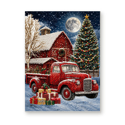 Straight dimensional white-background mockup of the complete artwork — Red Pickup and Barn Beneath a Christmas Moon. Pearl diamond painting DIY kit by Isuvio.