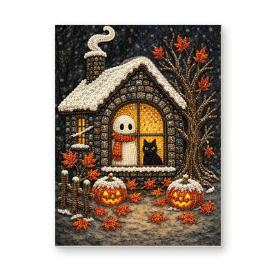 Straight dimensional white-background mockup of the complete artwork — Ghost and Black Cat in a Cozy Cottage Window. Pearl diamond painting DIY kit by Isuvio.