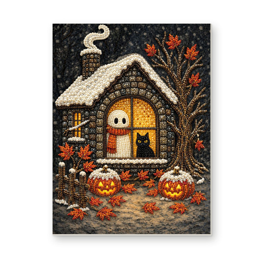 Straight dimensional white-background mockup of the complete artwork — Ghost and Black Cat in a Cozy Cottage Window. Pearl diamond painting DIY kit by Isuvio.