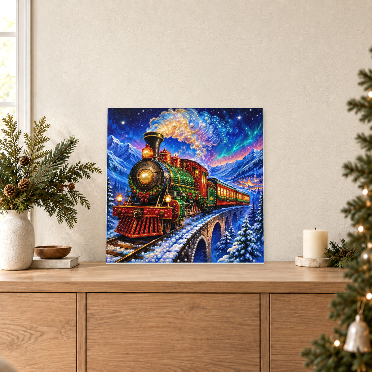 Train de Noël sous les aurores boréales