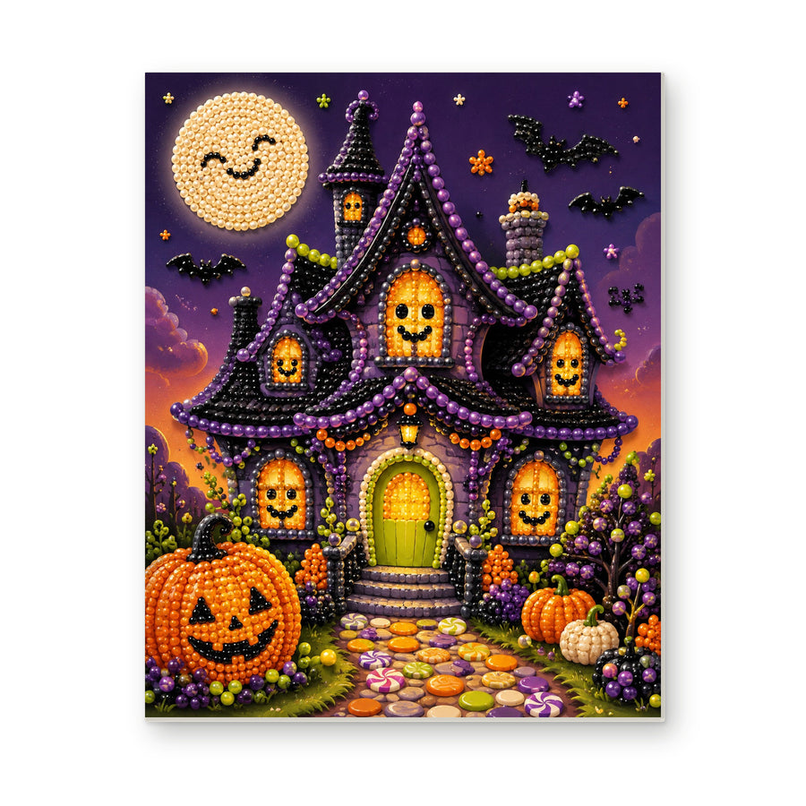 Straight dimensional white-background mockup of the complete artwork — Whimsical Haunted House with Glowing Pumpkin Windows. Pearl diamond painting DIY kit by Isuvio.