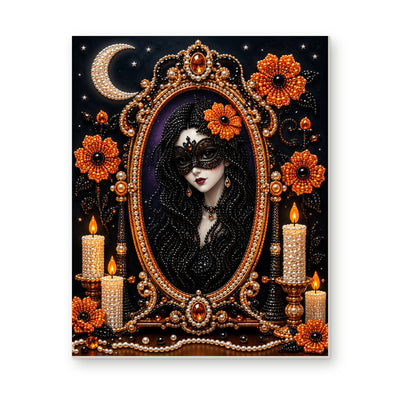 Straight dimensional white-background mockup of the complete artwork — Masked Enchantress in an Ornate Mirror. Pearl diamond painting DIY kit by Isuvio.