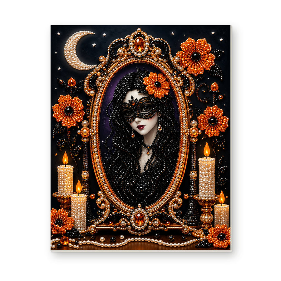 Straight dimensional white-background mockup of the complete artwork — Masked Enchantress in an Ornate Mirror. Pearl diamond painting DIY kit by Isuvio.