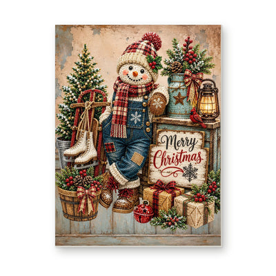 Straight dimensional white-background mockup of the complete artwork — Snowman with Skates and a Christmas Sign. Pearl diamond painting DIY kit by Isuvio.