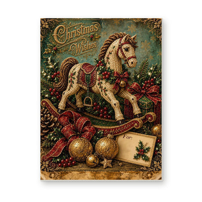 Straight dimensional white-background mockup of the complete artwork — Vintage Rocking Horse and Christmas Wishes. Pearl diamond painting DIY kit by Isuvio.