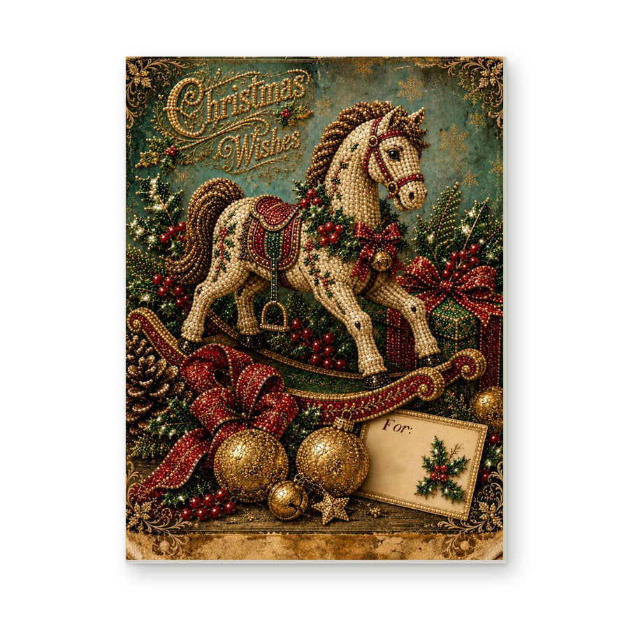 Straight dimensional white-background mockup of the complete artwork — Vintage Rocking Horse and Christmas Wishes. Pearl diamond painting DIY kit by Isuvio.
