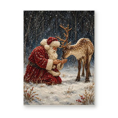 Straight dimensional white-background mockup of the complete artwork — Santa Feeding a Reindeer in the Snowy Forest. Pearl diamond painting DIY kit by Isuvio.