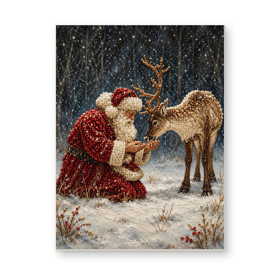 Straight dimensional white-background mockup of the complete artwork — Santa Feeding a Reindeer in the Snowy Forest. Pearl diamond painting DIY kit by Isuvio.