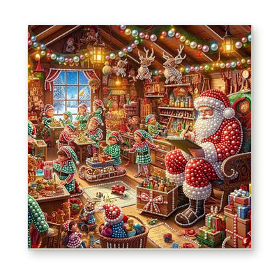 Straight dimensional white-background mockup of the complete artwork — Santa Checking His List in the Toy Workshop. Pearl diamond painting DIY kit by Isuvio.