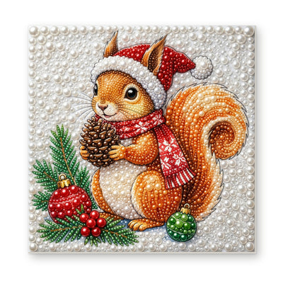 Straight dimensional white-background mockup of the complete artwork — Christmas Squirrel with a Pinecone. Pearl diamond painting DIY kit by Isuvio.