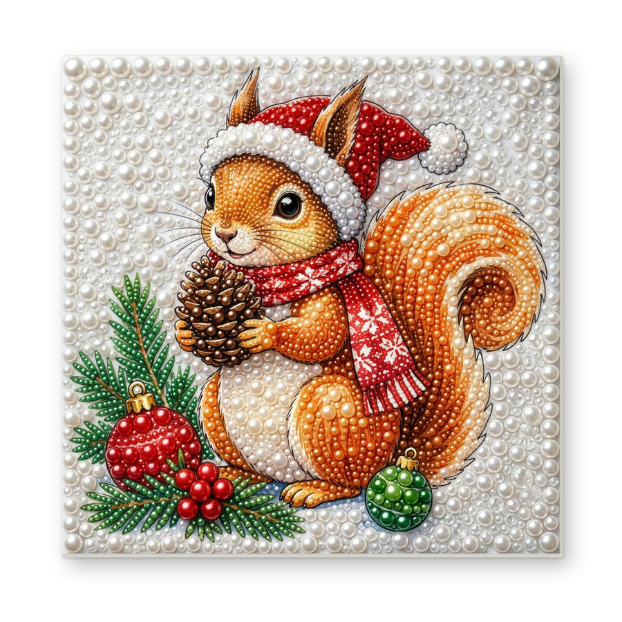 Straight dimensional white-background mockup of the complete artwork — Christmas Squirrel with a Pinecone. Pearl diamond painting DIY kit by Isuvio.