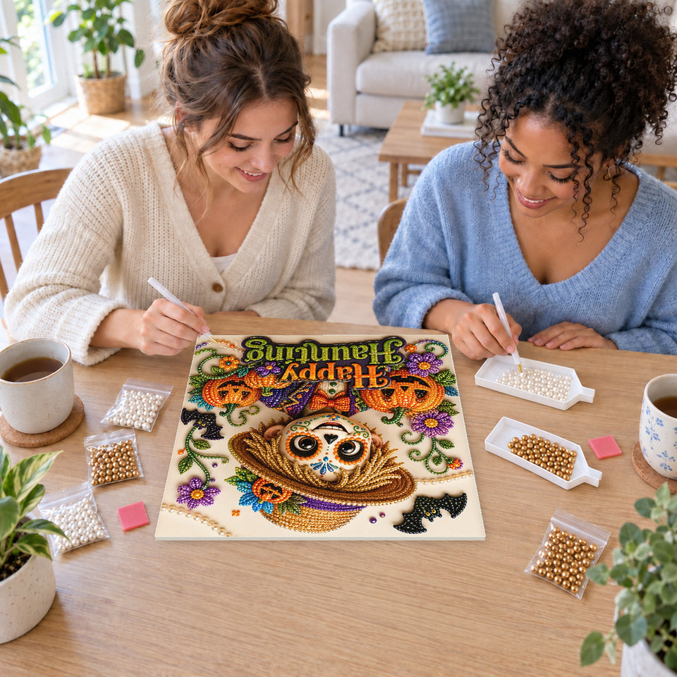 Two friends creating one shared Pearl artwork — Happy Haunting Sugar Skull Scarecrow. Pearl diamond painting DIY kit by Isuvio.