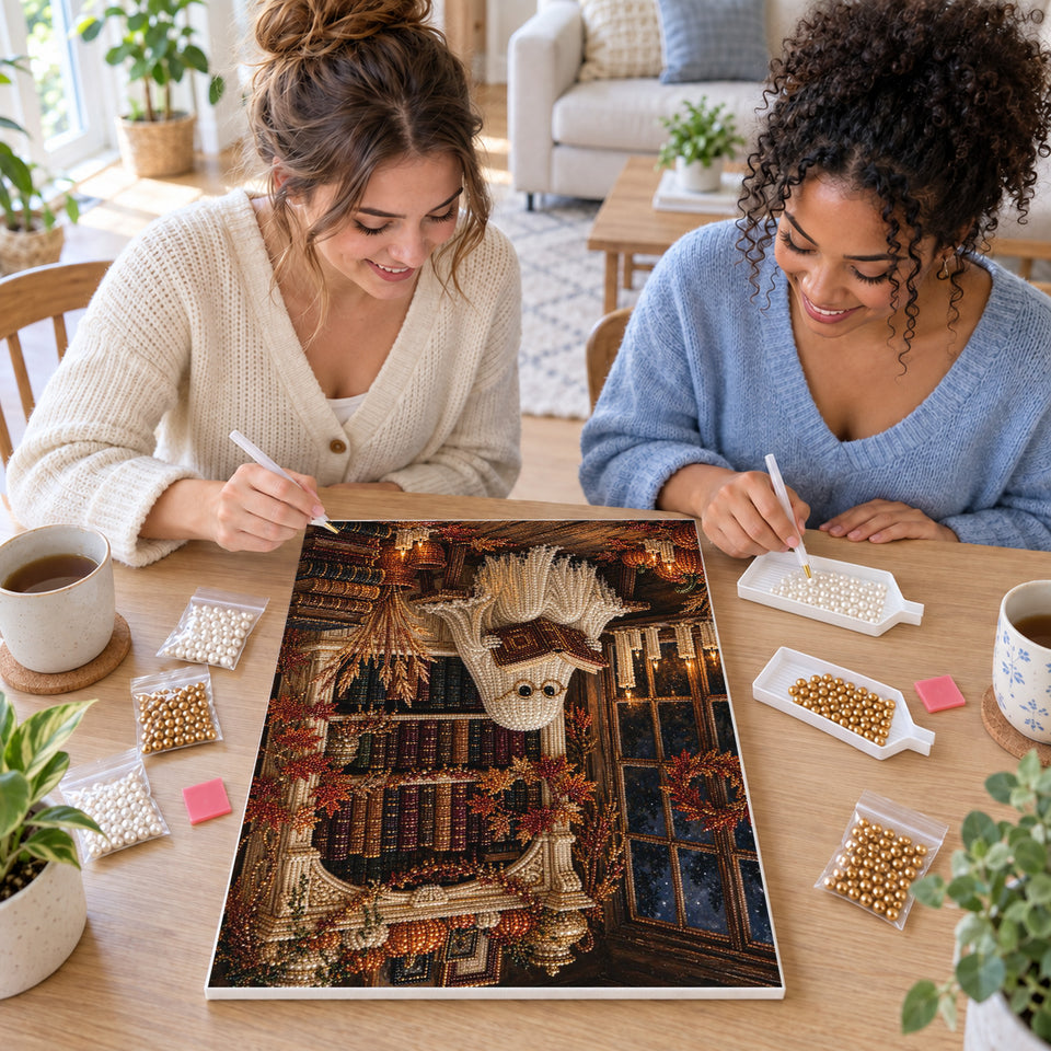 Two friends creating one shared Pearl artwork — Reading Ghost in an Autumn Library. Pearl diamond painting DIY kit by Isuvio.