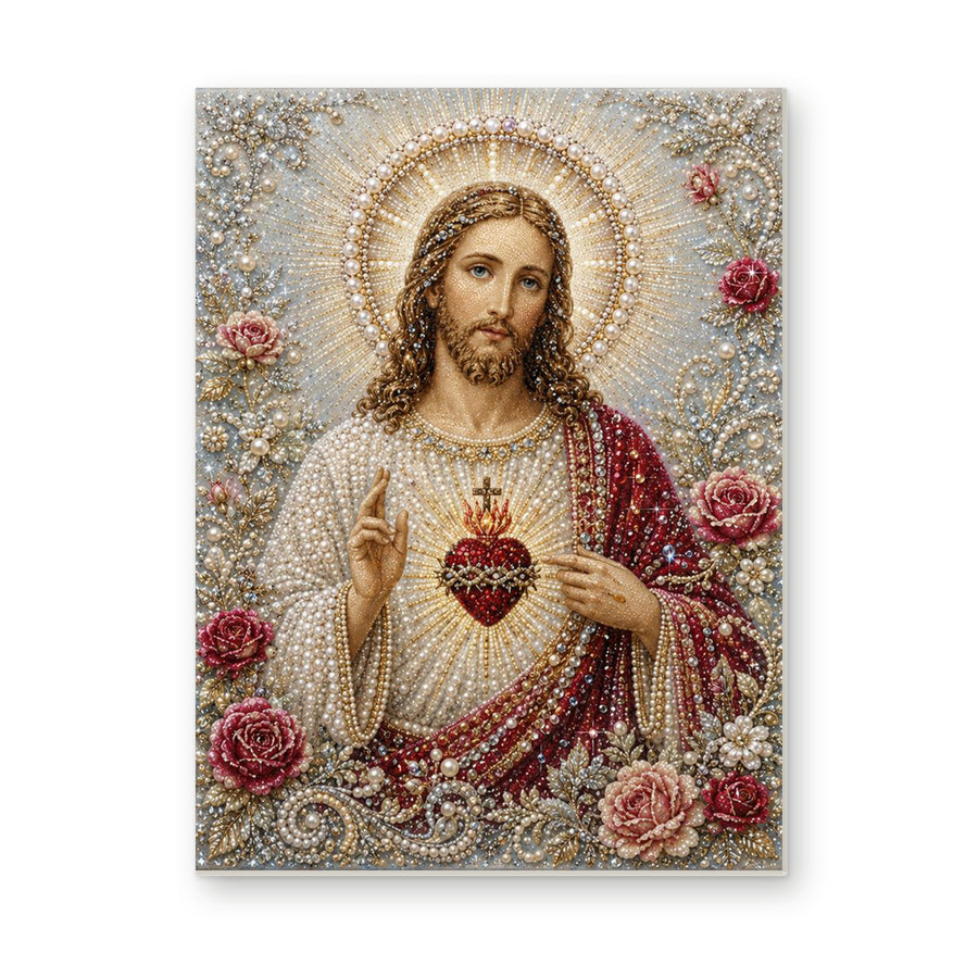 Straight dimensional white-background mockup of the complete artwork — Sacred Heart of Jesus with Roses and a Pearl Halo. Pearl diamond painting DIY kit by Isuvio.