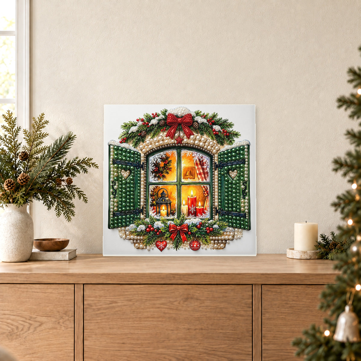 Weihnachtsfenster bei Kerzenschein mit grünen Läden