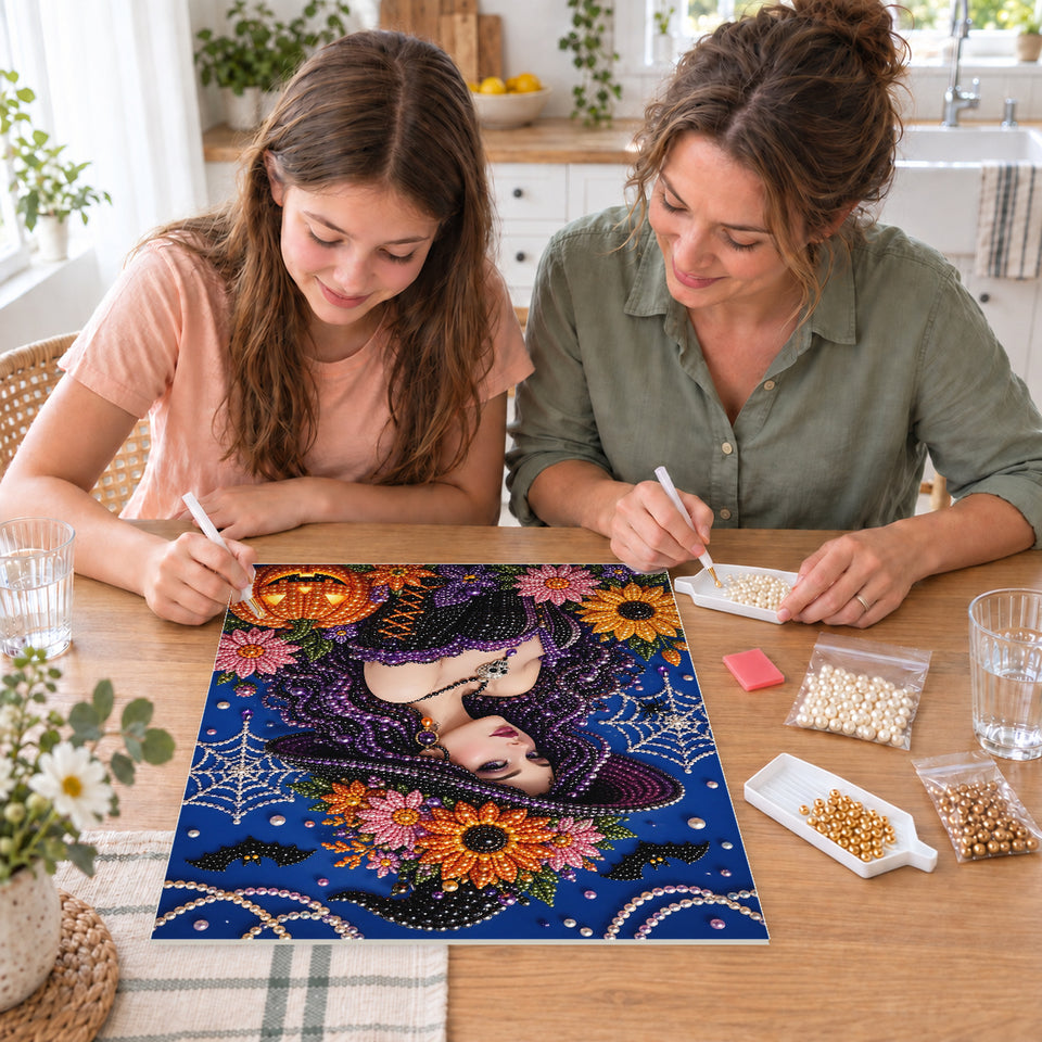 Mother and daughter creating one shared Pearl artwork — Purple-Haired Witch among Autumn Flowers. Pearl diamond painting DIY kit by Isuvio.