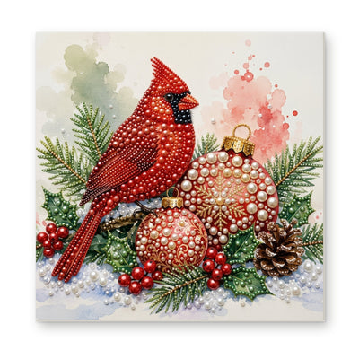 Straight dimensional white-background mockup of the complete artwork — Cardinal with Red and Gold Christmas Baubles. Pearl diamond painting DIY kit by Isuvio.