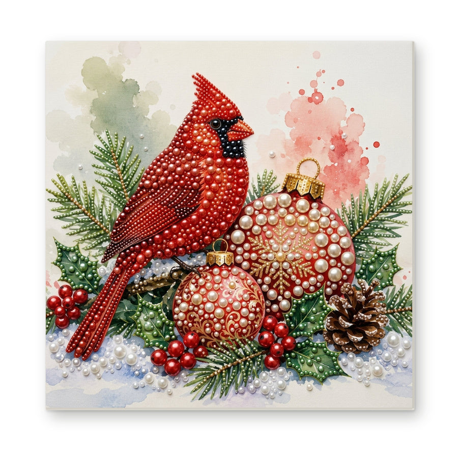 Straight dimensional white-background mockup of the complete artwork — Cardinal with Red and Gold Christmas Baubles. Pearl diamond painting DIY kit by Isuvio.