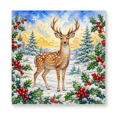 Straight dimensional white-background mockup of the complete artwork — Winter Stag beneath a Golden Sky. Pearl diamond painting DIY kit by Isuvio.