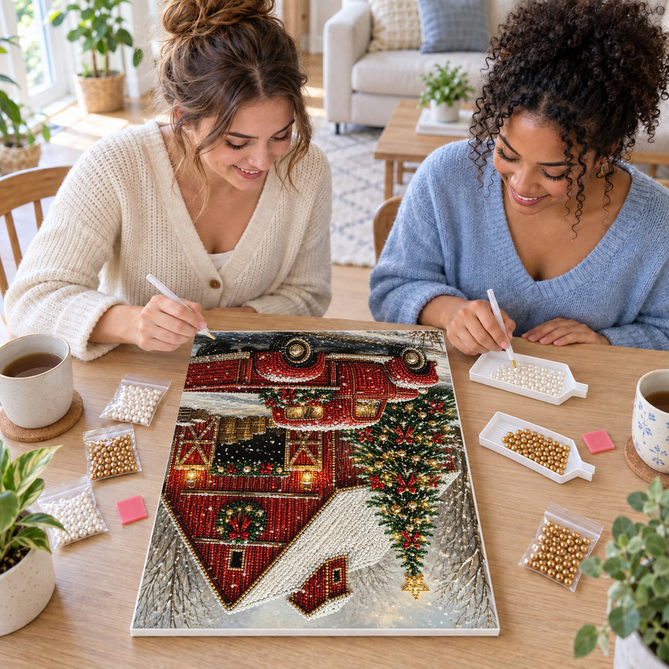 Two friends creating one shared Pearl artwork — Red Barn and Vintage Christmas Truck. Pearl diamond painting DIY kit by Isuvio.