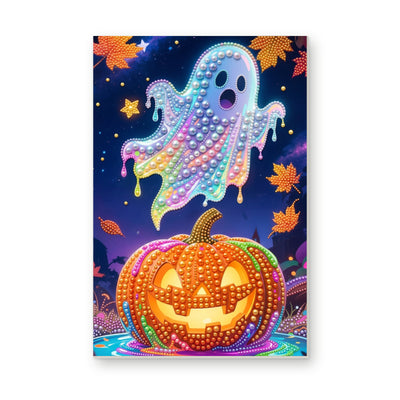Straight dimensional white-background mockup of the complete artwork — Rainbow Pearl Ghost Above a Glowing Pumpkin. Pearl diamond painting DIY kit by Isuvio.
