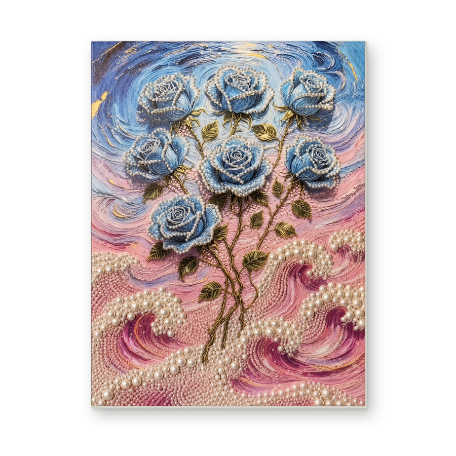 Straight dimensional white-background mockup of the complete artwork — Blue Roses Above Pink Pearl Waves. Pearl diamond painting DIY kit by Isuvio.