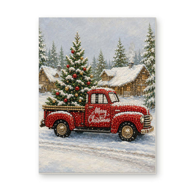 Straight dimensional white-background mockup of the complete artwork — Red Christmas Pickup in a Snowy Cottage Village. Pearl diamond painting DIY kit by Isuvio.