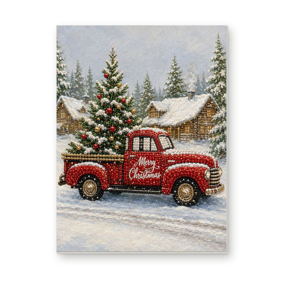 Straight dimensional white-background mockup of the complete artwork — Red Christmas Pickup in a Snowy Cottage Village. Pearl diamond painting DIY kit by Isuvio.