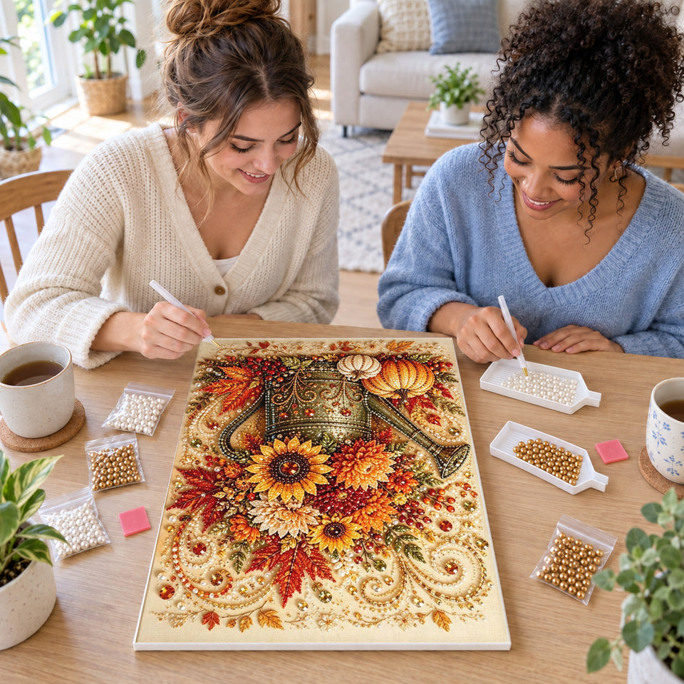Two friends creating one shared Pearl artwork — Autumn Sunflowers in an Ornate Watering Can. Pearl diamond painting DIY kit by Isuvio.